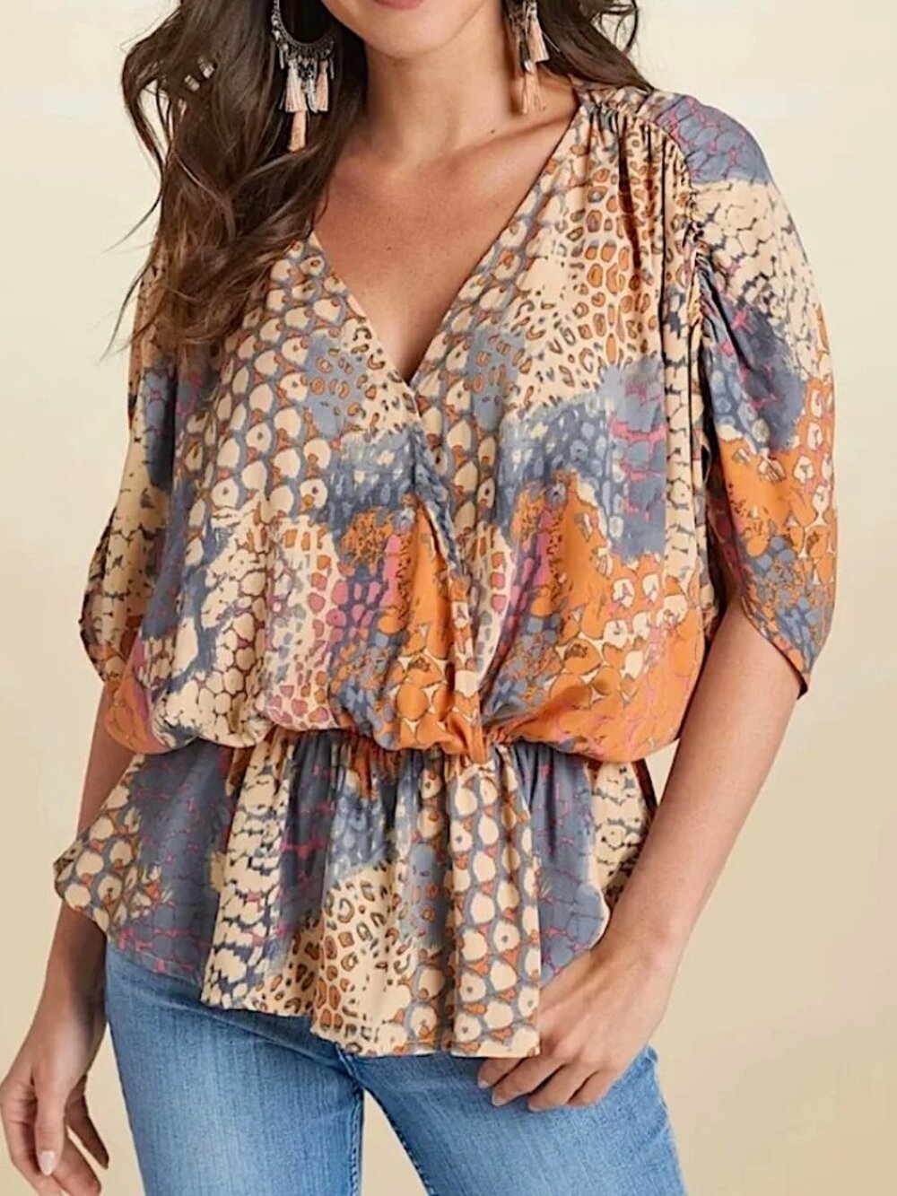 VENUS Lascana Animal Print Flutter Sleeve Peplum Top